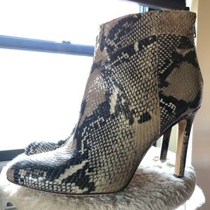 SJP leather (faux snakeskin) stiletto booties.